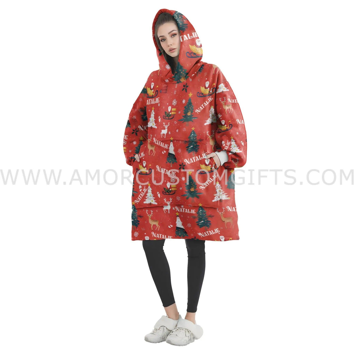 Personalized Red Christmas Pattern Snug Oversized Wearable Hoodie Blanket-Hoodie Blanket-Amor Custom Gifts