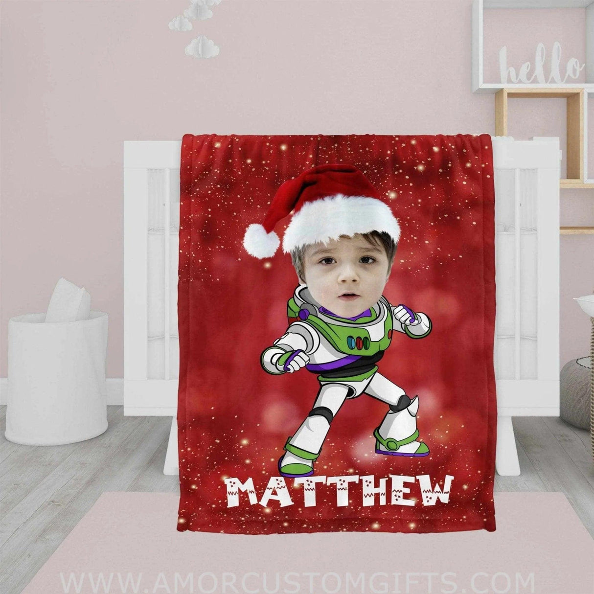 Blankets Personalized Red Xmas Buzz Lightyear Blanket | Custom Face & Name Christmas Blanket For Boys