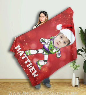 Blankets Personalized Red Xmas Buzz Lightyear Blanket | Custom Face & Name Christmas Blanket For Boys