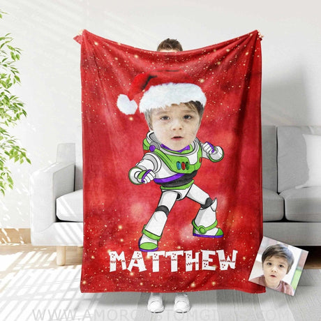 Blankets Personalized Red Xmas Buzz Lightyear Blanket | Custom Face & Name Christmas Blanket For Boys