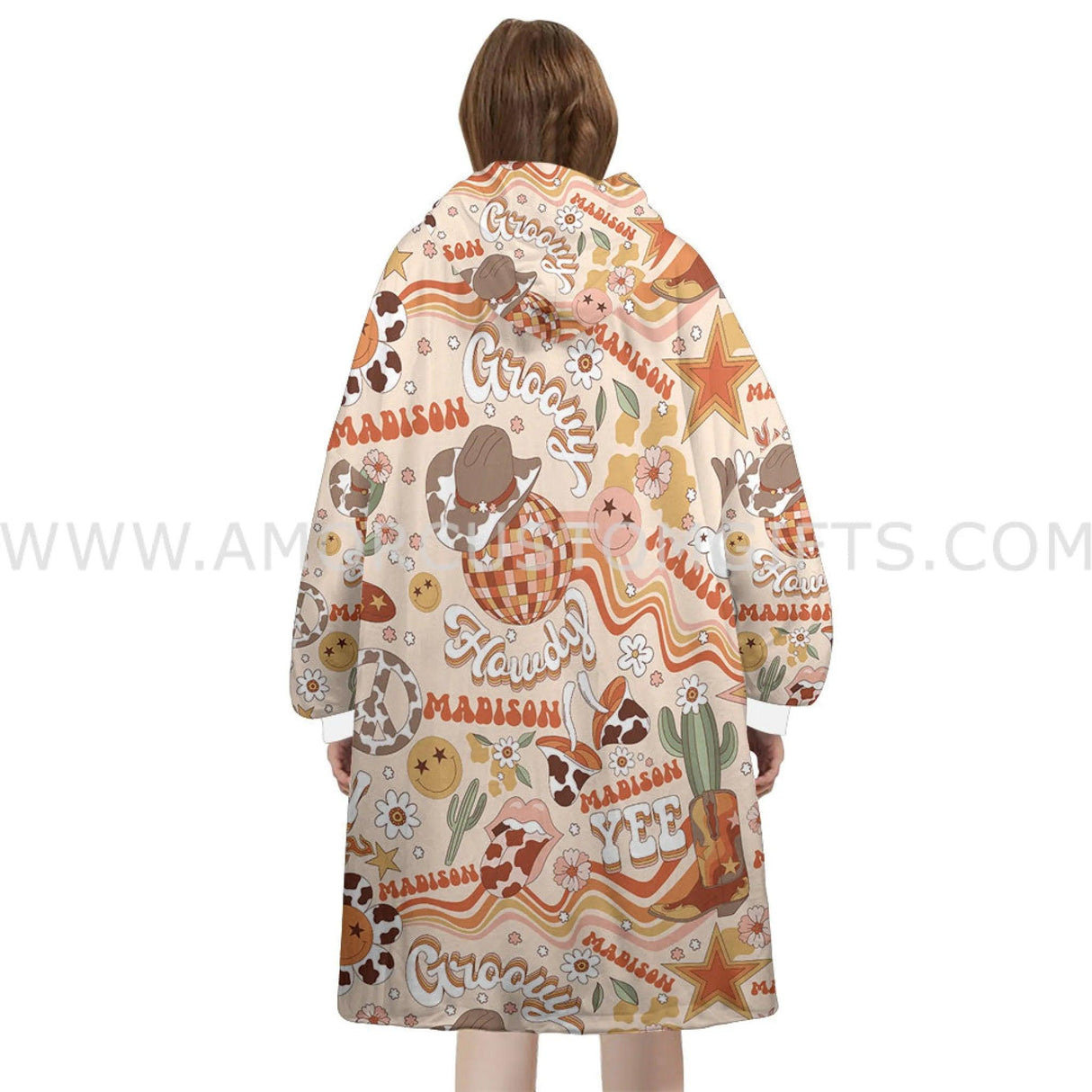 Personalized Retro Groovy Western Hippie Cowboy Snug Oversized Wearable Hoodie Blanket-Hoodie Blanket-Amor Custom Gifts