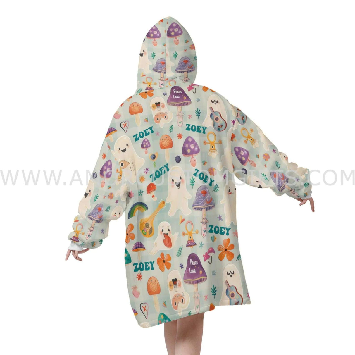 Personalized Retro Music Ghost Mushrooms Snug Oversized Wearable Hoodie Blanket-Hoodie Blanket-Amor Custom Gifts