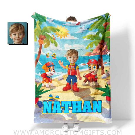 Personalized Ryder Paw Patrol Stand On Beach Photo Blanket Blankets