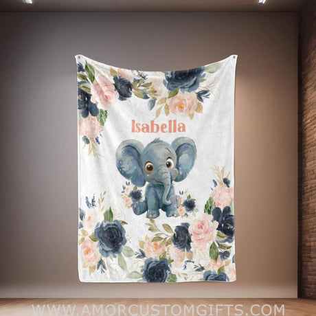 Blankets Personalized Safari Animal Pink Navy Roses Blanket | Custom Name Blanket For Baby Boys Girls