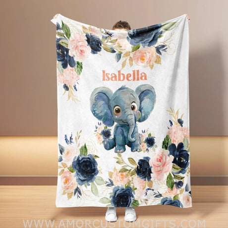 Blankets Personalized Safari Animal Pink Navy Roses Blanket | Custom Name Blanket For Baby Boys Girls