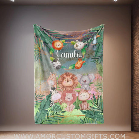 Blankets Personalized Safari Animal Sleep Blanket | Custom Name Blanket For Baby Boy Girl