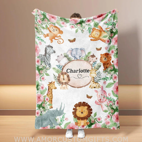 Blankets Personalized Safari Animals Blanket | Custom Name Blanket For Baby Boys Girls