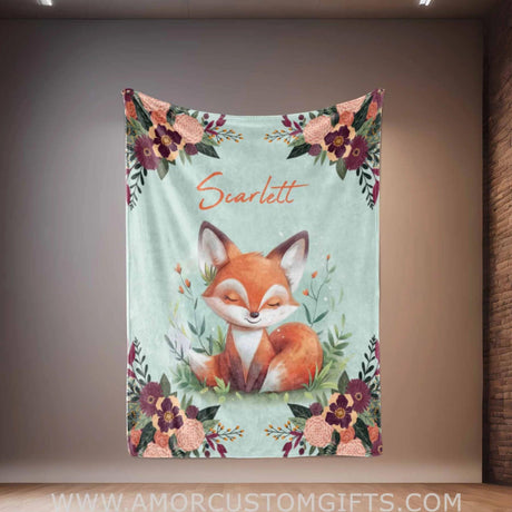 Blankets Personalized Safari Fox Red Flower Blanket | Custom Name Blanket For Baby Girl