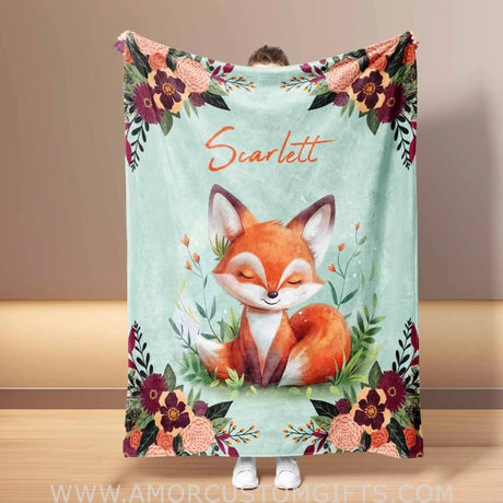 Blankets Personalized Safari Fox Red Flower Blanket | Custom Name Blanket For Baby Girl