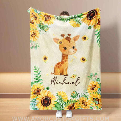 Blankets Personalized Safari Giraffe Sunflower Blanket | Custom Name Blanket For Baby Boys Girls