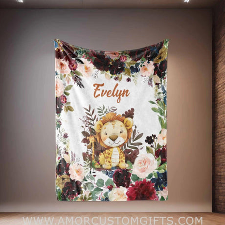 Blankets Personalized Safari Lion Burgundy Floral Blanket | Custom Name Blanket For Baby Boys Girls