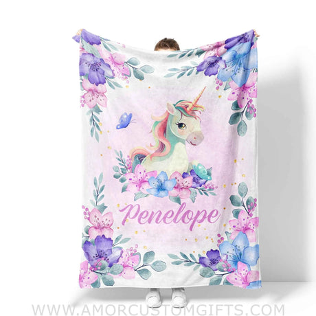 Blankets Personalized Safari Unicorn Flower Blanket | Custom Name Blanket For Baby Girls