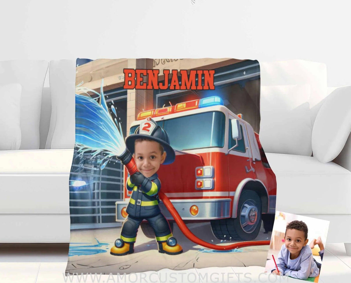 Blankets Personalized Sam Truck Fireman 1 Boy Blanket | Custom Face & Name Vehicle Boy Blanket