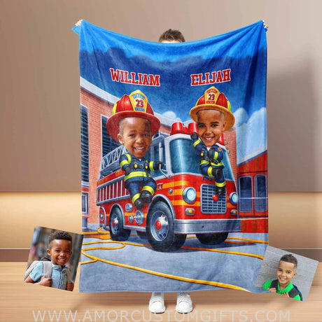 Blankets Personalized Sam Truck Fireman 2 Boy Blanket | Custom Face & Name Vehicle Boy Blanket