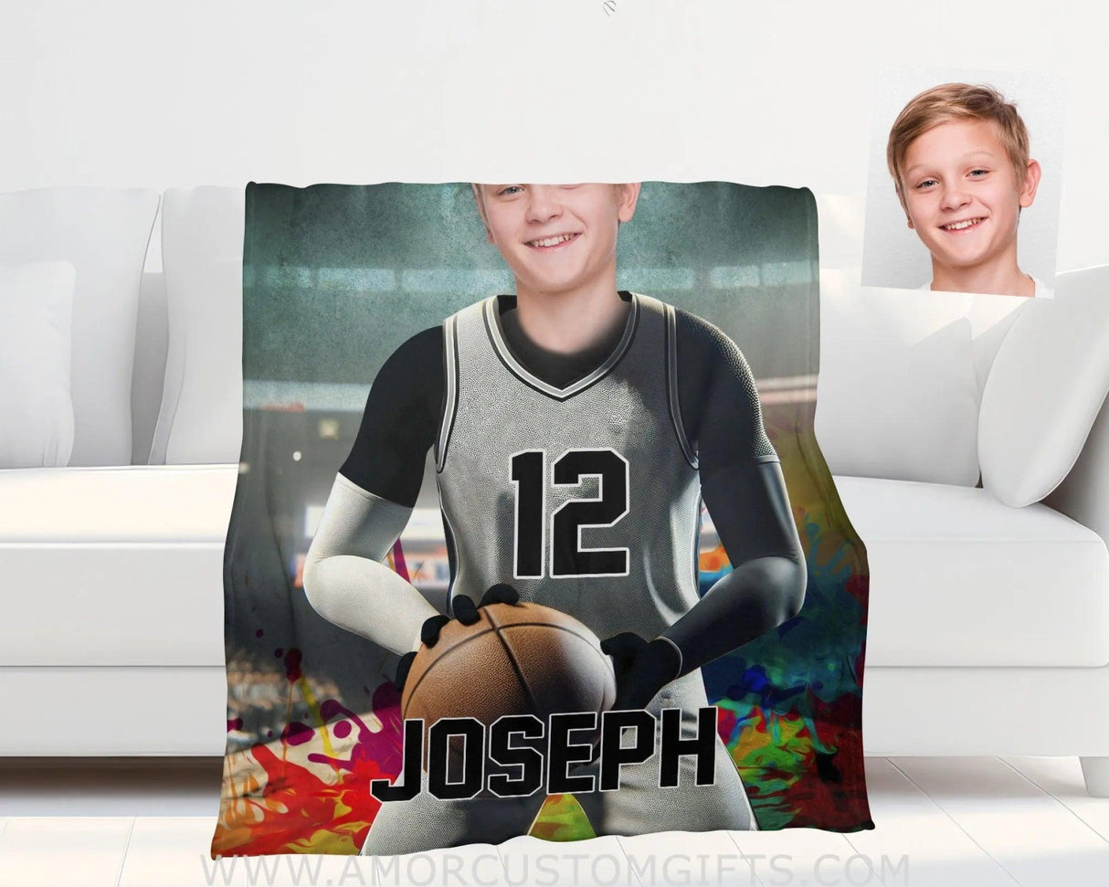 Blankets Personalized NBA San Antonio Basketball Boy Spurs Photo Blanket | Custom Name & Face Boy Blanket