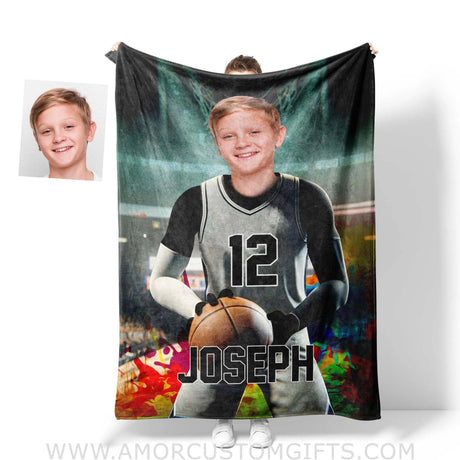 Blankets Personalized NBA San Antonio Basketball Boy Spurs Photo Blanket | Custom Name & Face Boy Blanket