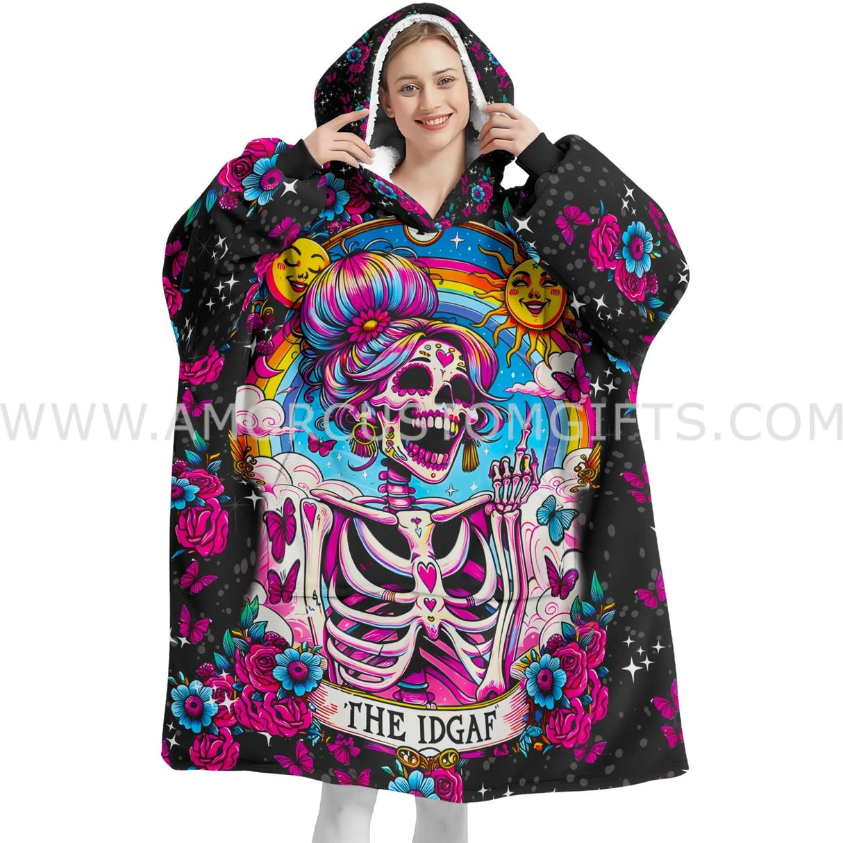 Personalized Sarcastic Sweary Skeleton The Last Flying Fuck Snug Oversized Wearable Hoodie Blanket-Hoodie Blanket-Amor Custom Gifts