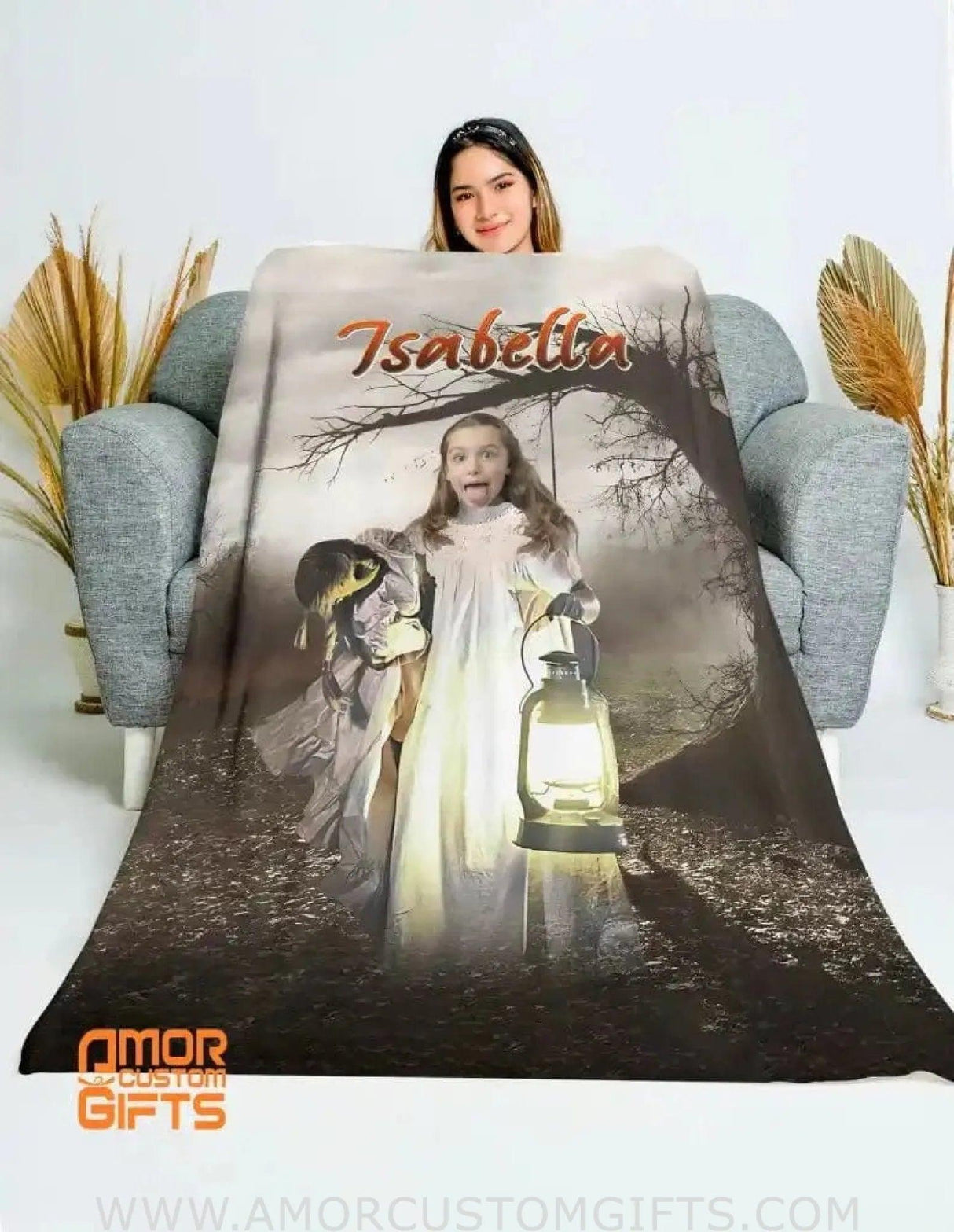 Blankets Personalized Scary Doll Halloween Character Blanket | Custom Face & Name Girl Blanket