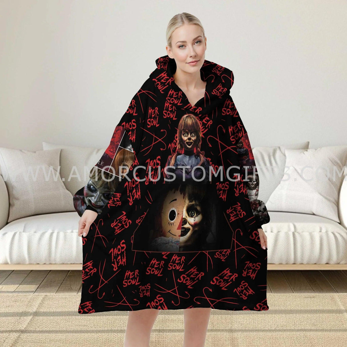 Personalized Scary Doll Halloween Snug Oversized Wearable Hoodie Blanket-Hoodie Blanket-Amor Custom Gifts