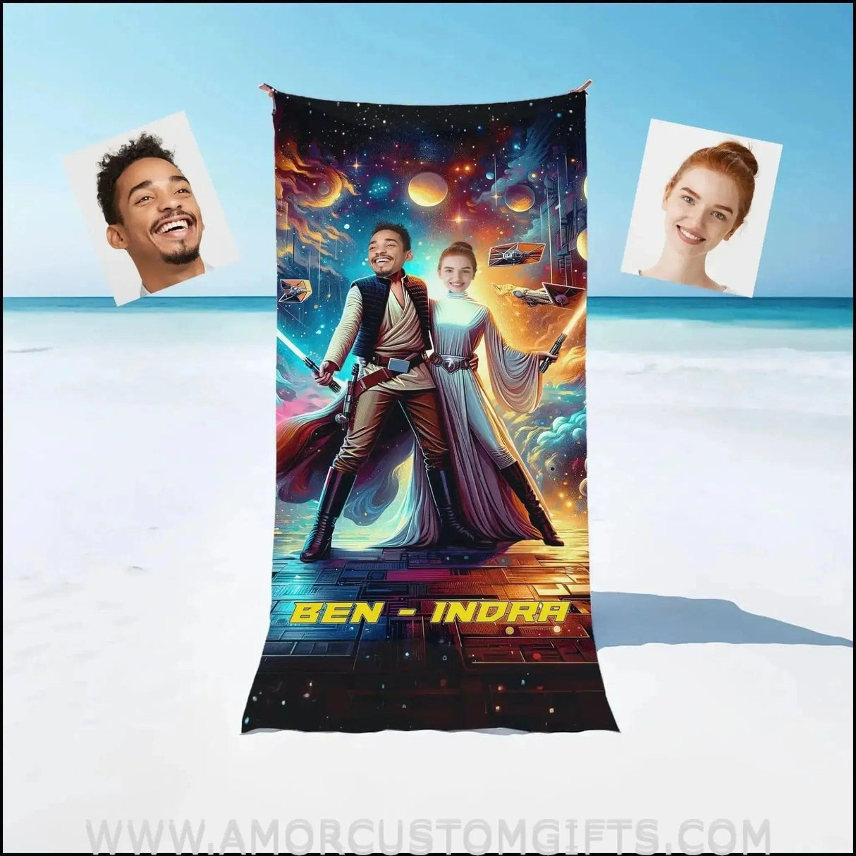 Towels Personalized Sci-fi Saga Galaxy War Couple Photo Beach Towel | Customized Name & Face Couple Towel