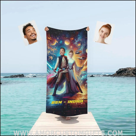 Towels Personalized Sci-fi Saga Galaxy War Couple Photo Beach Towel | Customized Name & Face Couple Towel