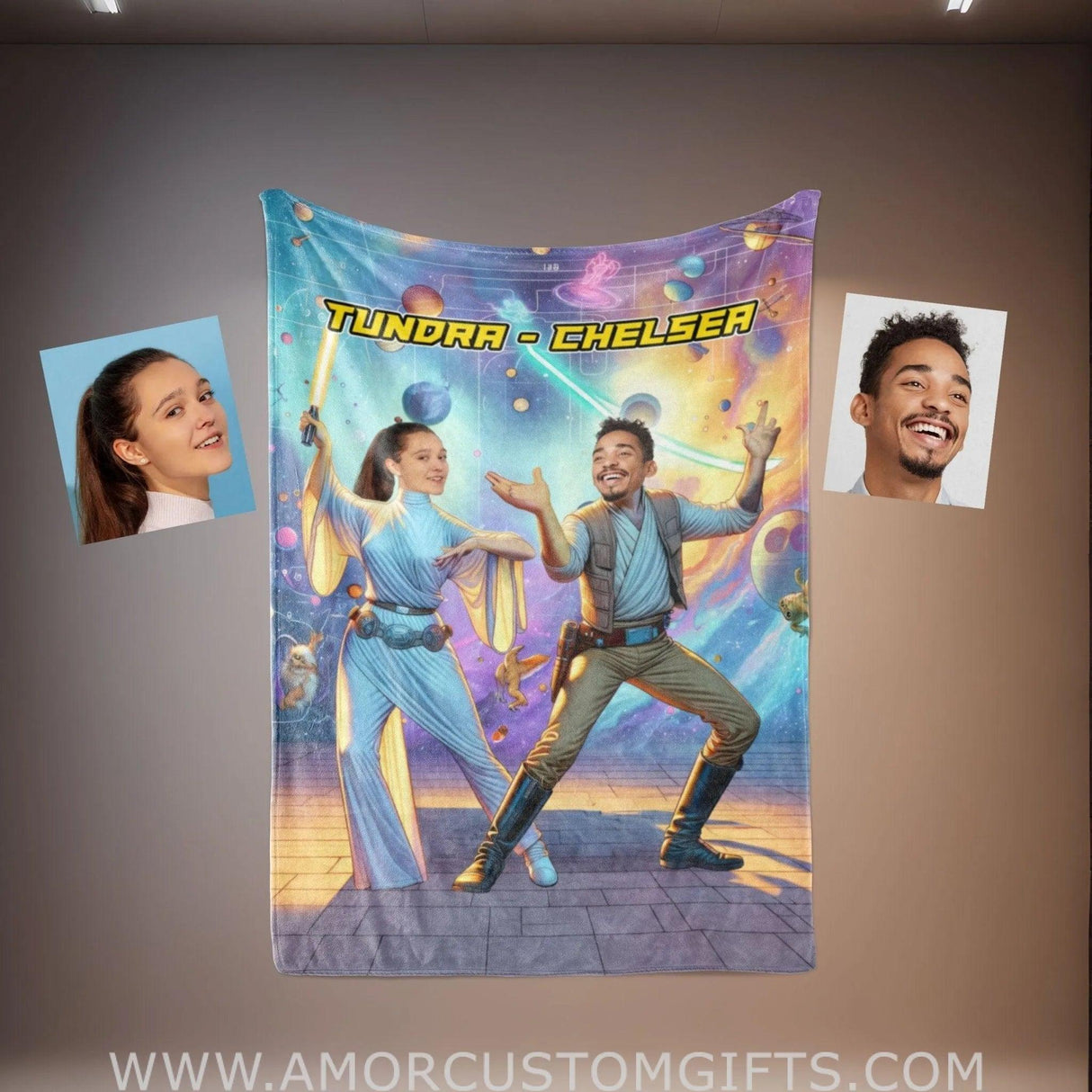 Blankets Personalized Sci-fi Saga Galaxy War Couple 2 Blanket | Custom Face & Name Couple Blanket