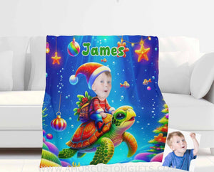 Blankets Personalized Sea Turtle Xmas 1 Boy Blanket | Custom Face & Name Boy Photo Blanket