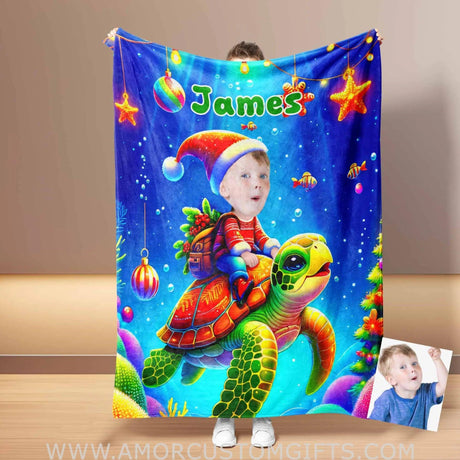 Blankets Personalized Sea Turtle Xmas 1 Boy Blanket | Custom Face & Name Boy Photo Blanket