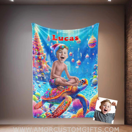 Blankets Personalized Sea Turtle Xmas 2 Boy Blanket | Custom Face & Name Boy Photo Blanket