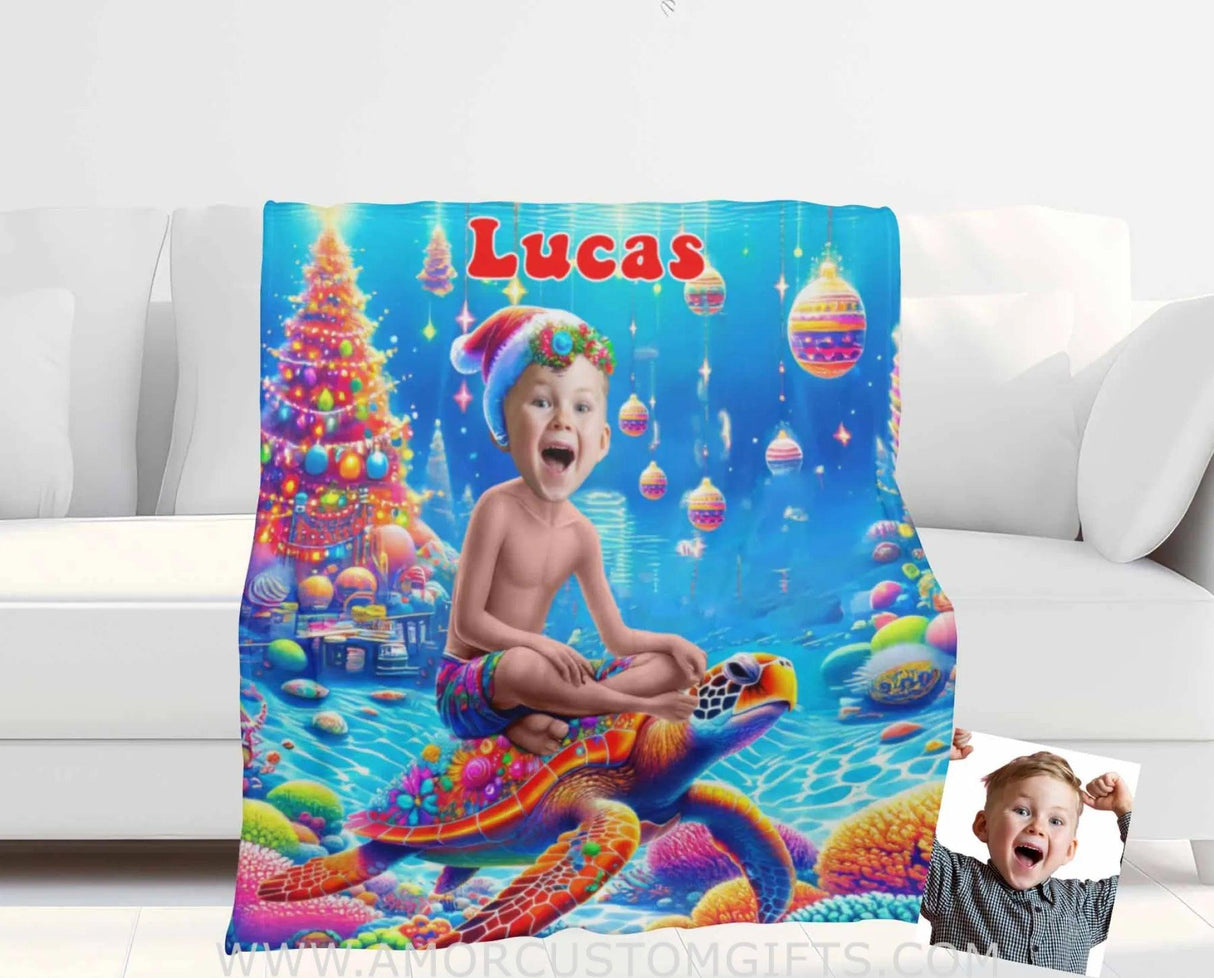 Blankets Personalized Sea Turtle Xmas 2 Boy Blanket | Custom Face & Name Boy Photo Blanket