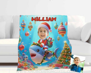 Blankets Personalized Shark Xmas Boy Photo Blanket | Custom Face & Name Boy Photo Blanket