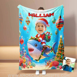 Blankets Personalized Shark Xmas Boy Photo Blanket | Custom Face & Name Boy Photo Blanket