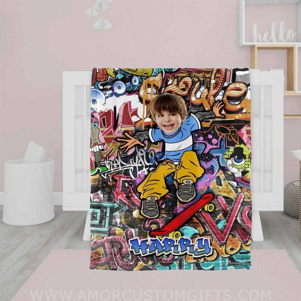 Blankets Personalized Skateboarding Boy Blanket | Custom Face & Name Sport Boy Blanket