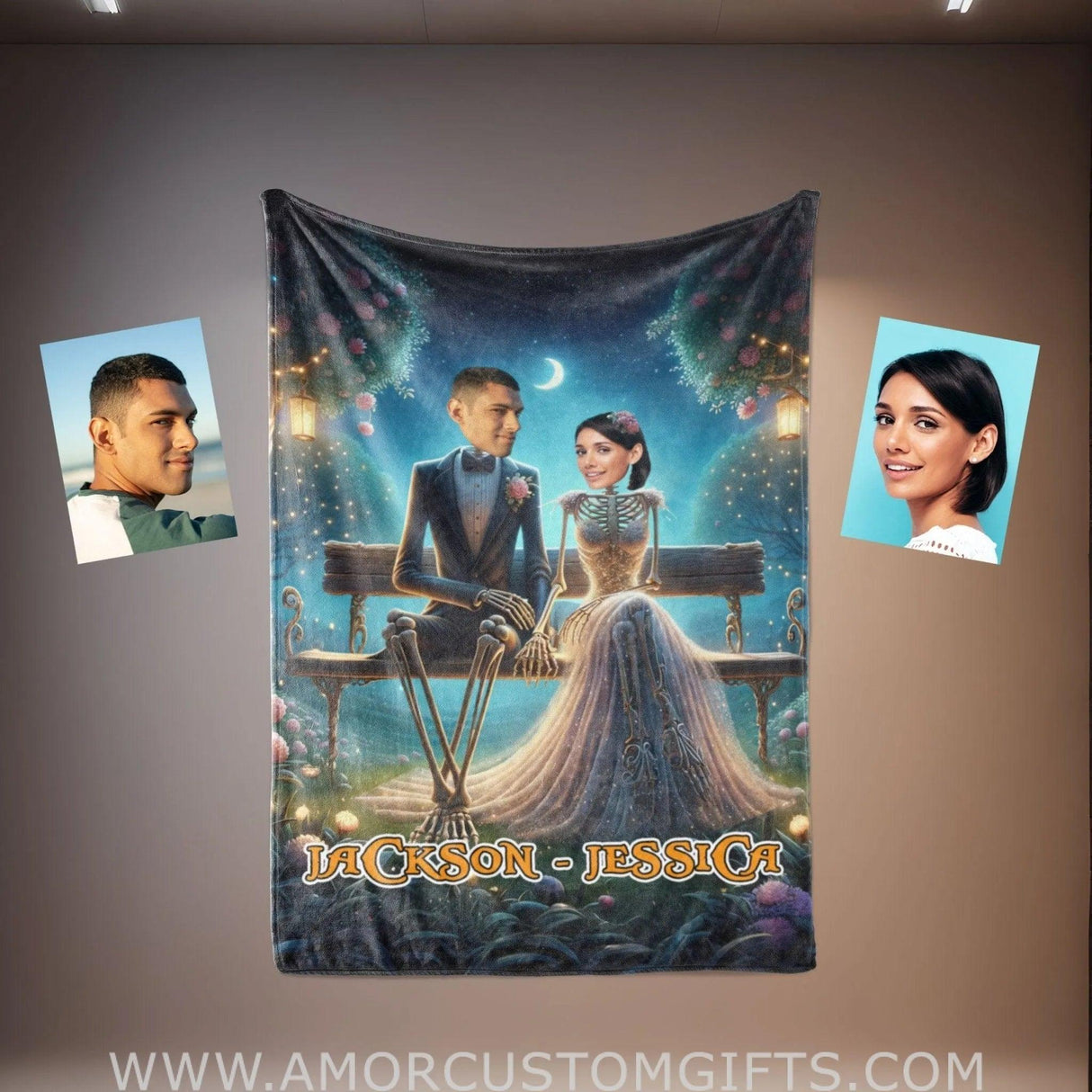 Blankets Personalized Skeleton Couple 2 Blanket | Custom Face & Name Couple Blanket