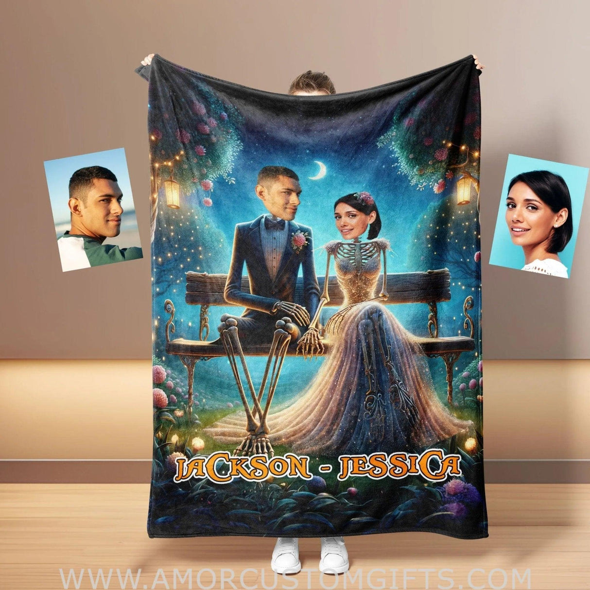 Blankets Personalized Skeleton Couple 2 Blanket | Custom Face & Name Couple Blanket