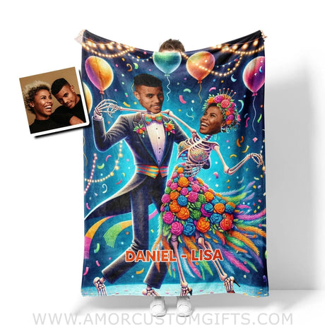 Blankets Personalized Skeleton Couple 4 Blanket | Custom Face & Name Couple Blanket