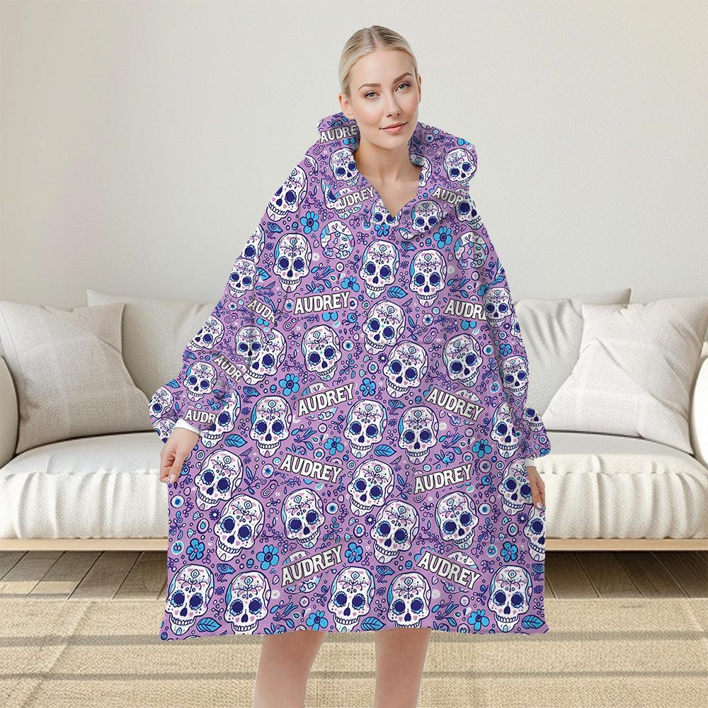 Personalized Skull Floral Purple Snug Oversized Wearable Hoodie Blanket-Hoodie Blanket-Amor Custom Gifts