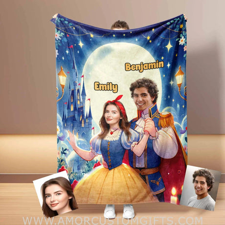 Blankets Personalized Snow White and Prince Florian 2 Blanket | Custom Face & Name Couple Blanket