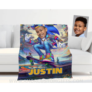 Blankets Personalized Sonic The Hedgehog Skating On Colorful Road Blanket | Custom Name & Face Boy Blanket