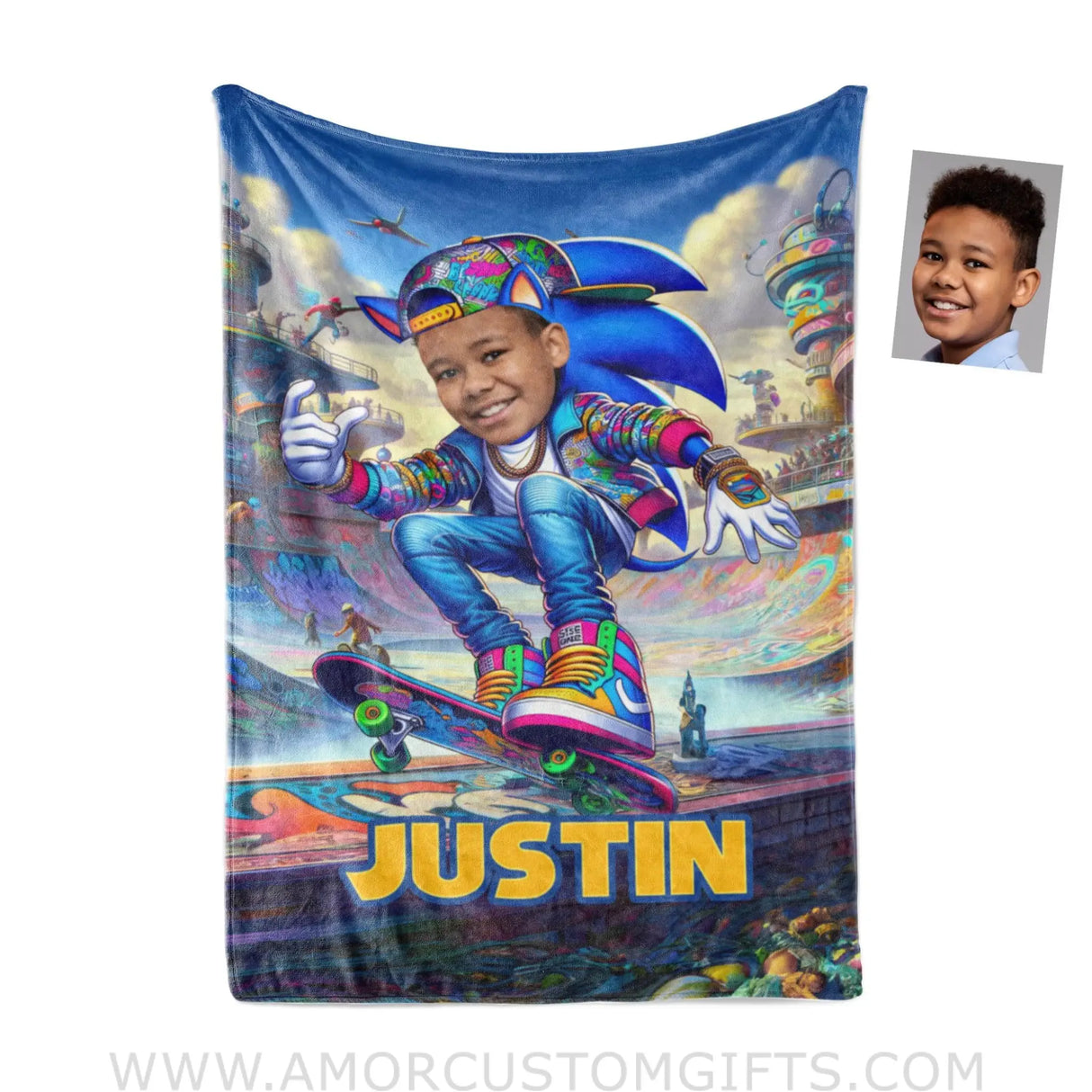 Blankets Personalized Sonic The Hedgehog Skating On Colorful Road Blanket | Custom Name & Face Boy Blanket