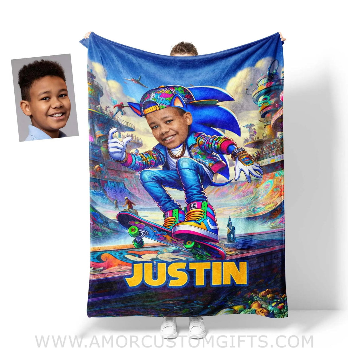 Blankets Personalized Sonic The Hedgehog Skating On Colorful Road Blanket | Custom Name & Face Boy Blanket