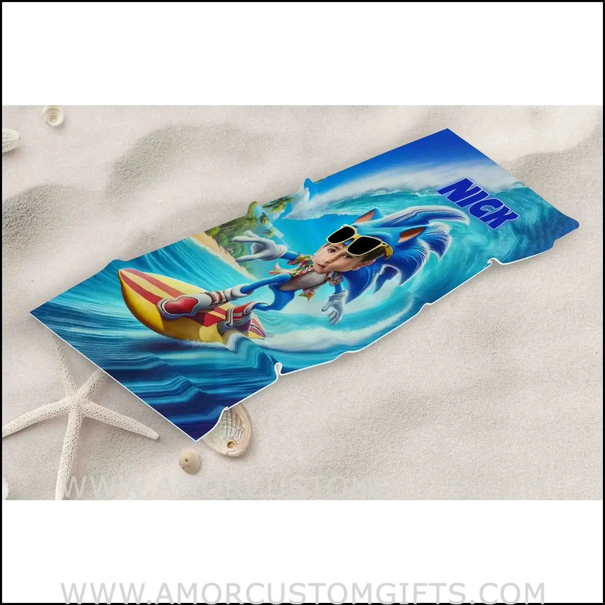 Towels Personalized Sonic The Hedgehog Surfing Beach Towel | Customized Name & Face Boy Towel