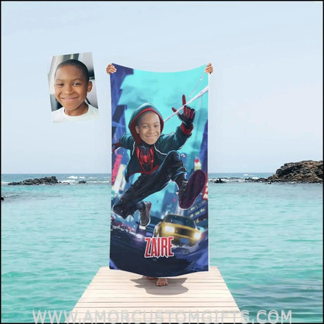 Towels Personalized Spider Boy Afro Black Spider Shooting Silk Beach Towel | Customized Superhero Theme Pool Towel