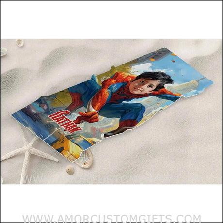 Towels Personalized Spider Boy In Painting CIty Beach Towel | Customized Superhero Theme Pool Towel