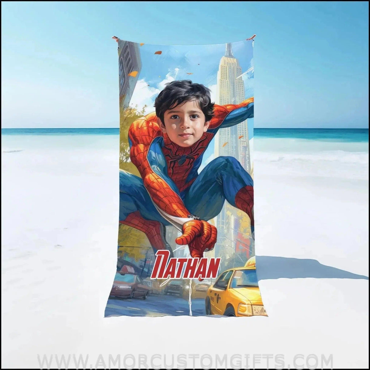 Towels Personalized Spider Boy In Painting CIty Beach Towel | Customized Superhero Theme Pool Towel