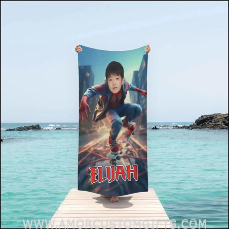 Towels Personalized Spider Boy Jumping On Road Beach Towel | Customized Superhero Theme Pool Towel