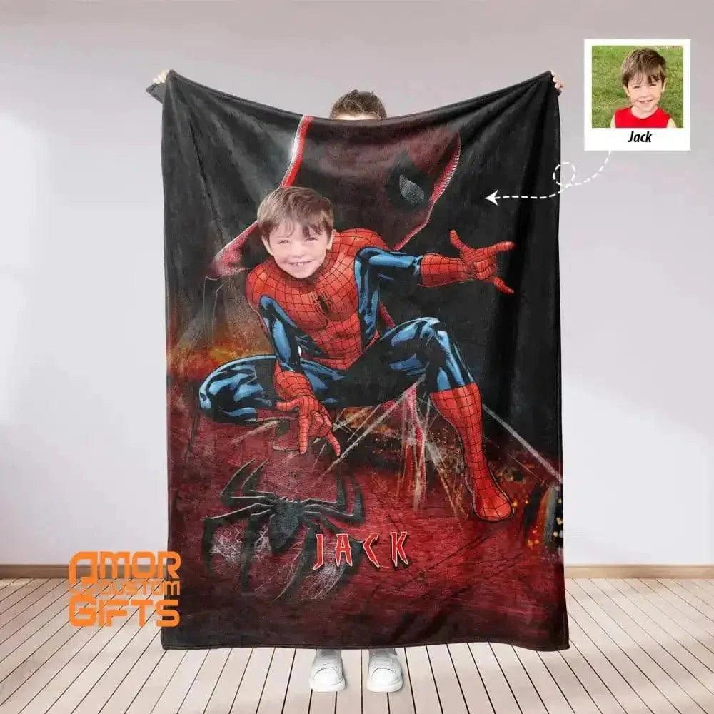 Blankets Personalized Spider Boy Photo Blanket | Custom Face & Name Superhero Spidey Blanket