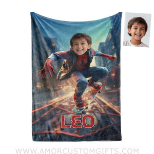 Blankets Personalized Spider Boy Skating Though City Blanket | Custom Name & Face Boy Blanket