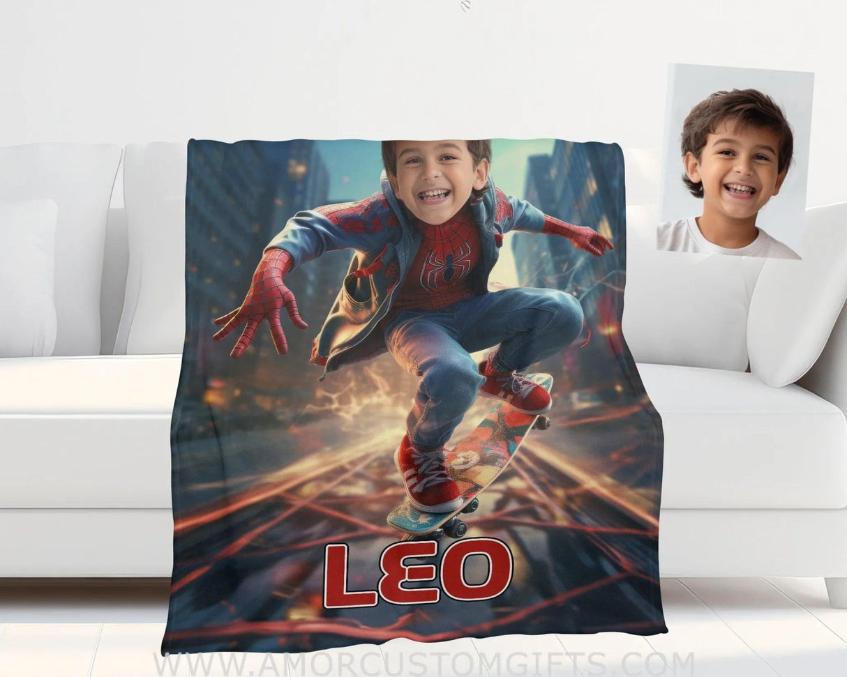 Blankets Personalized Spider Boy Skating Though City Blanket | Custom Name & Face Boy Blanket