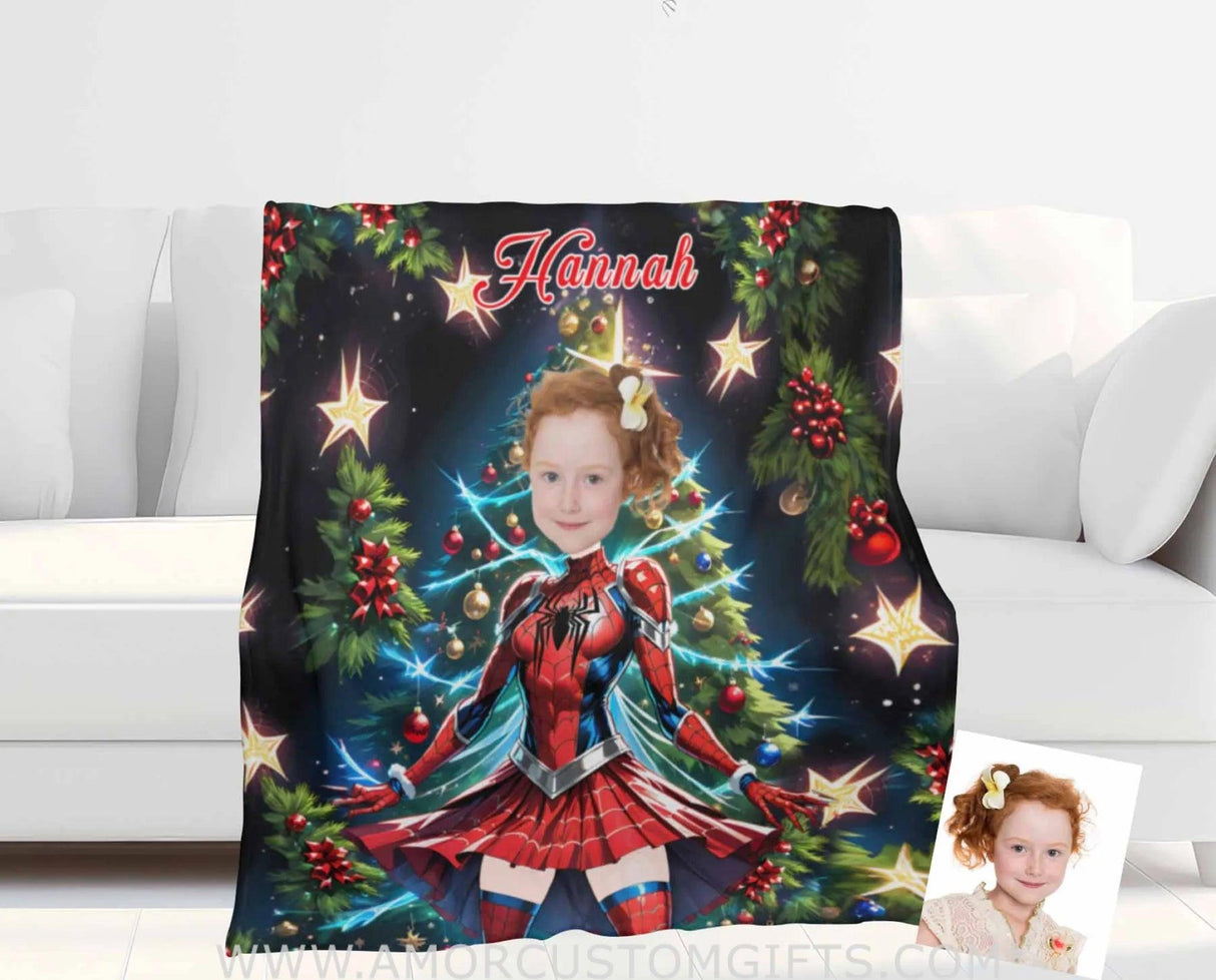 Blankets Personalized Spider Girl Xmas 1 Photo Blanket | Custom Face & Name Superhero Girl Blanket